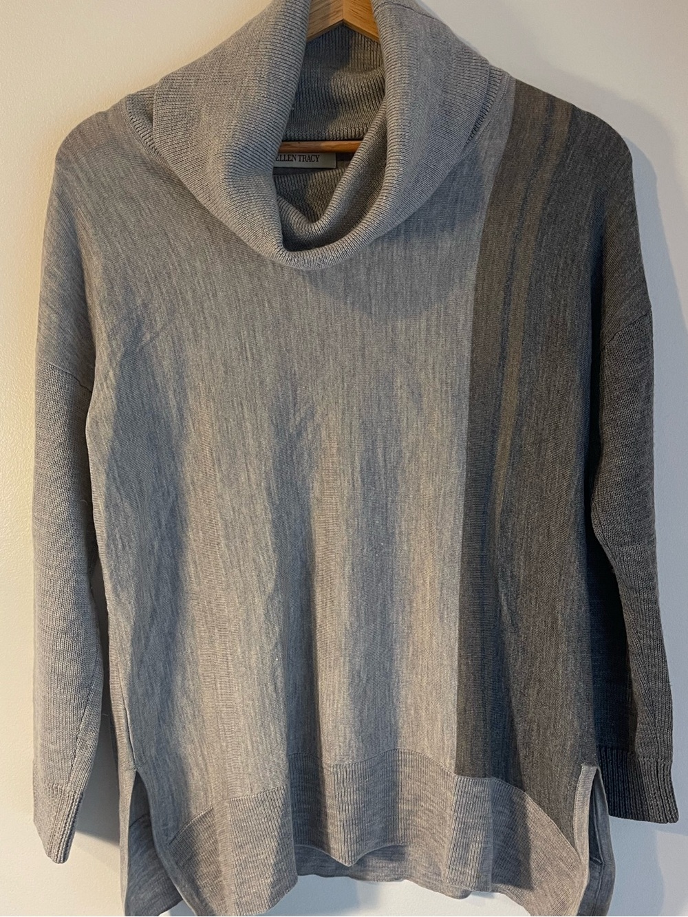 Ellen Tracy Grey Colorblock Extra Fine Merino Wool Cowl Neck Sweater L